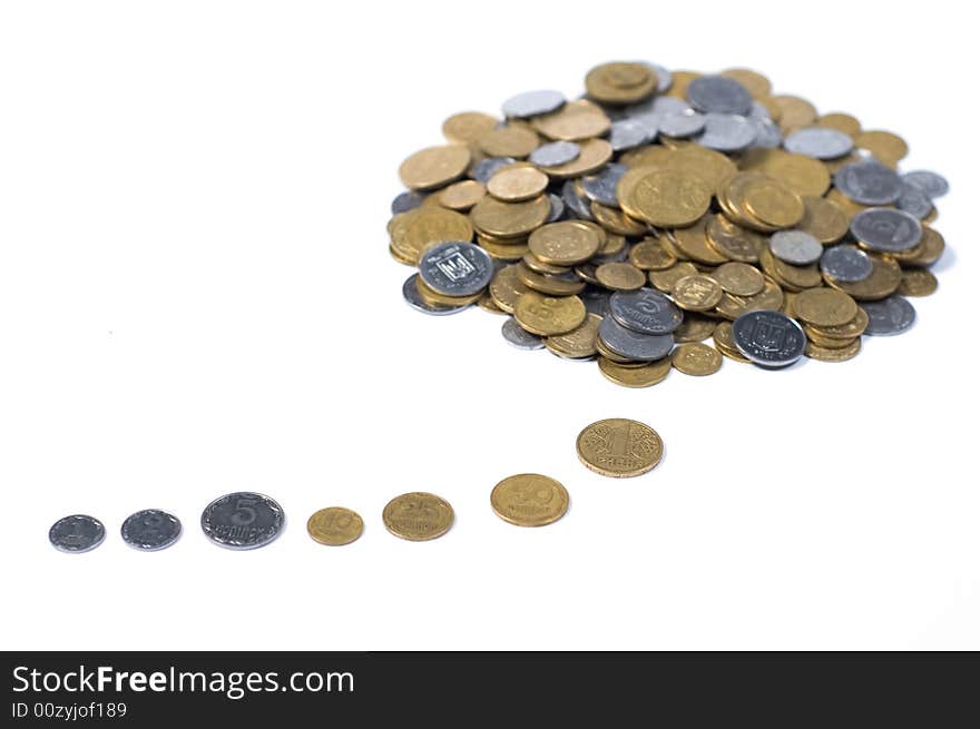 Close-up isolated rounded heap of chinks on white background and path from chinks