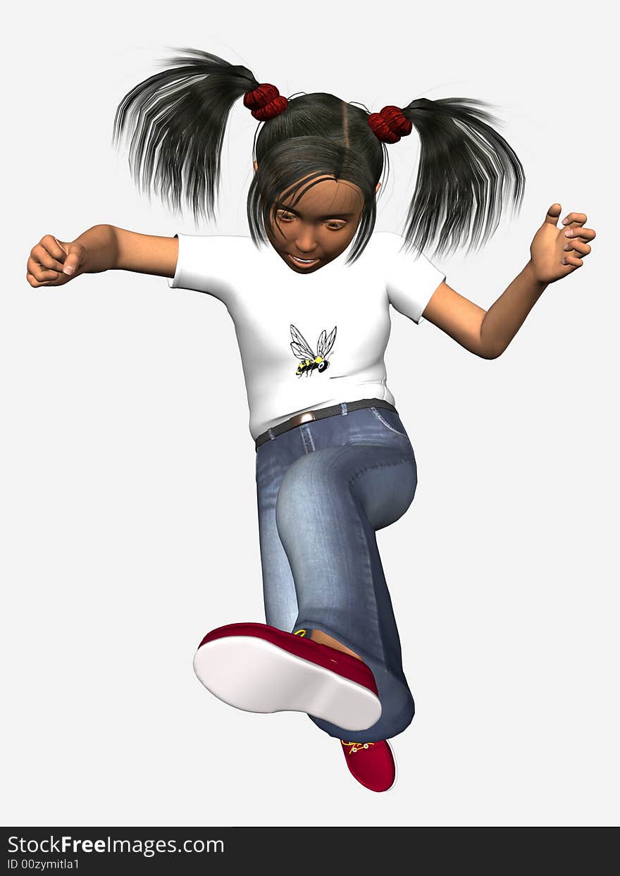 Young girl jumping, 3 dimensional model, computer generated image