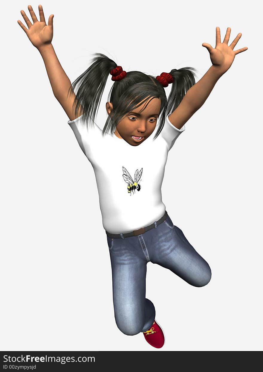 Young girl jumping, 3 dimensional model, computer generated image