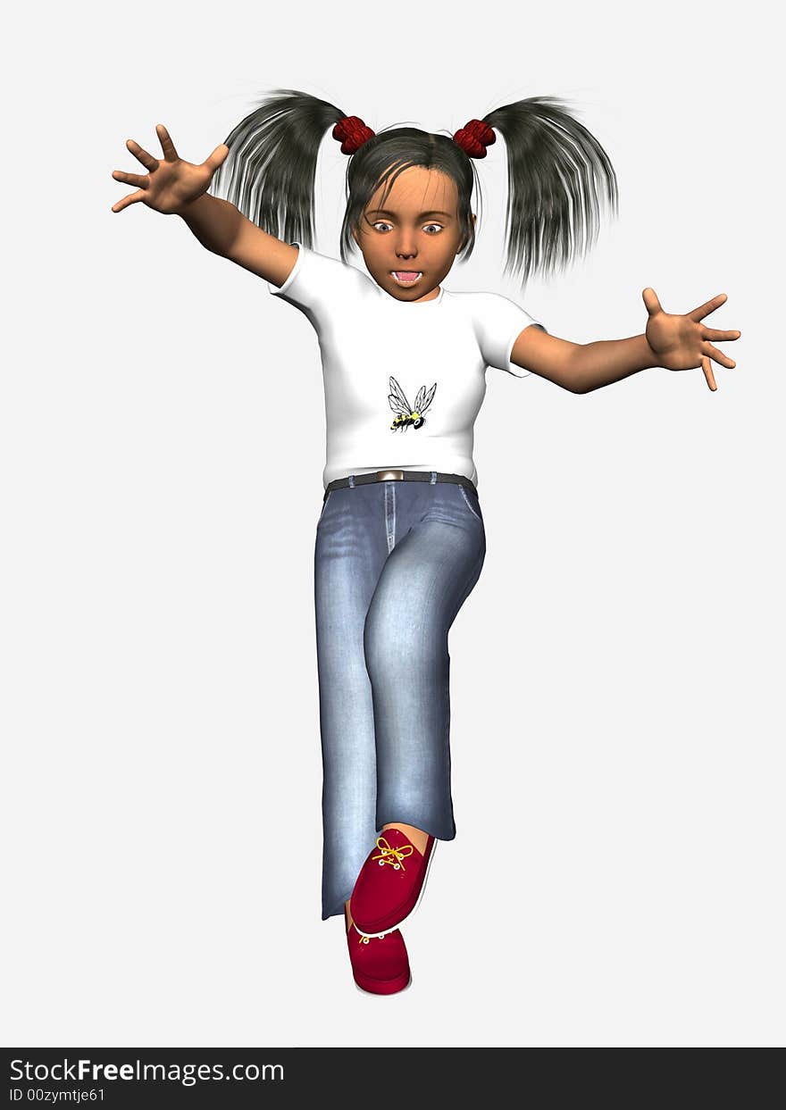 Young girl jumping, 3 dimensional model, computer generated image