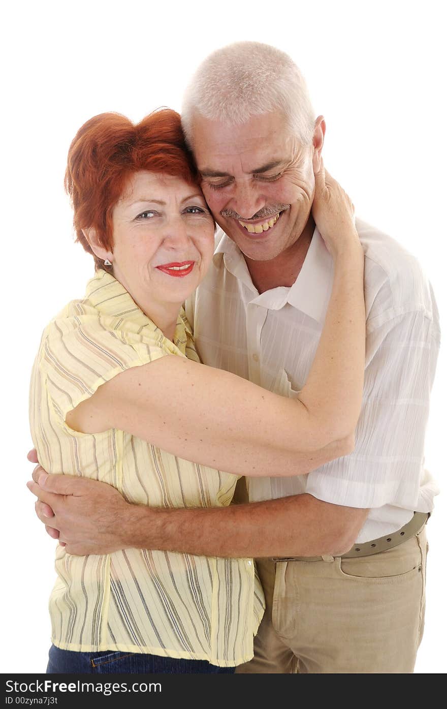 Laughing Seniou couple in studio on white background. Laughing Seniou couple in studio on white background