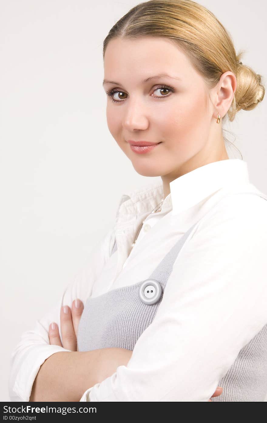 Young beautiful businesswoman on white background