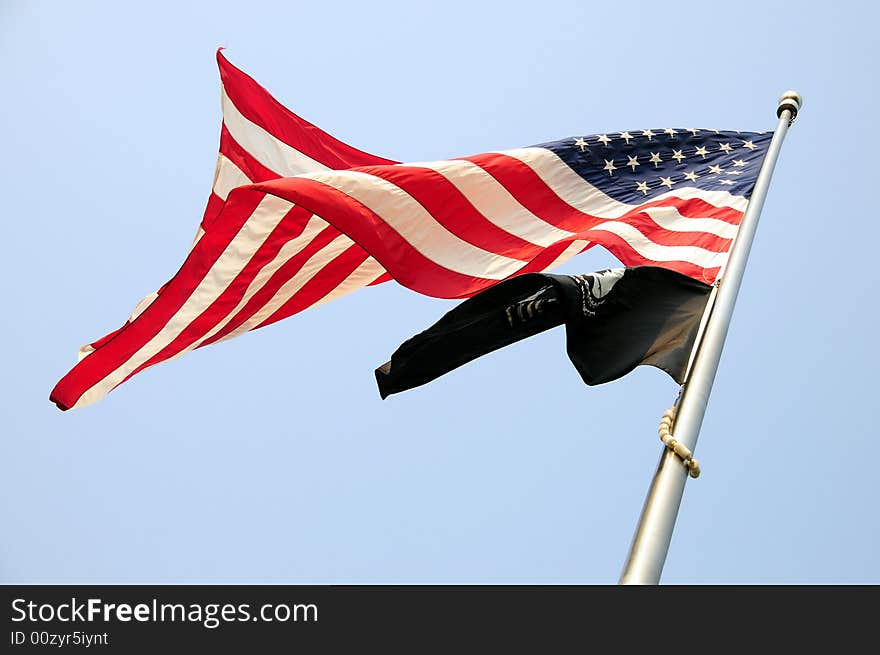 American and pow mia flags (prisoners of war, missing in action), you are not forgotten