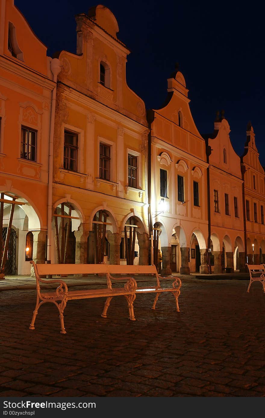 Night shot of old renaissance houses near the main square of Telc, Czech republic Unesco listed site