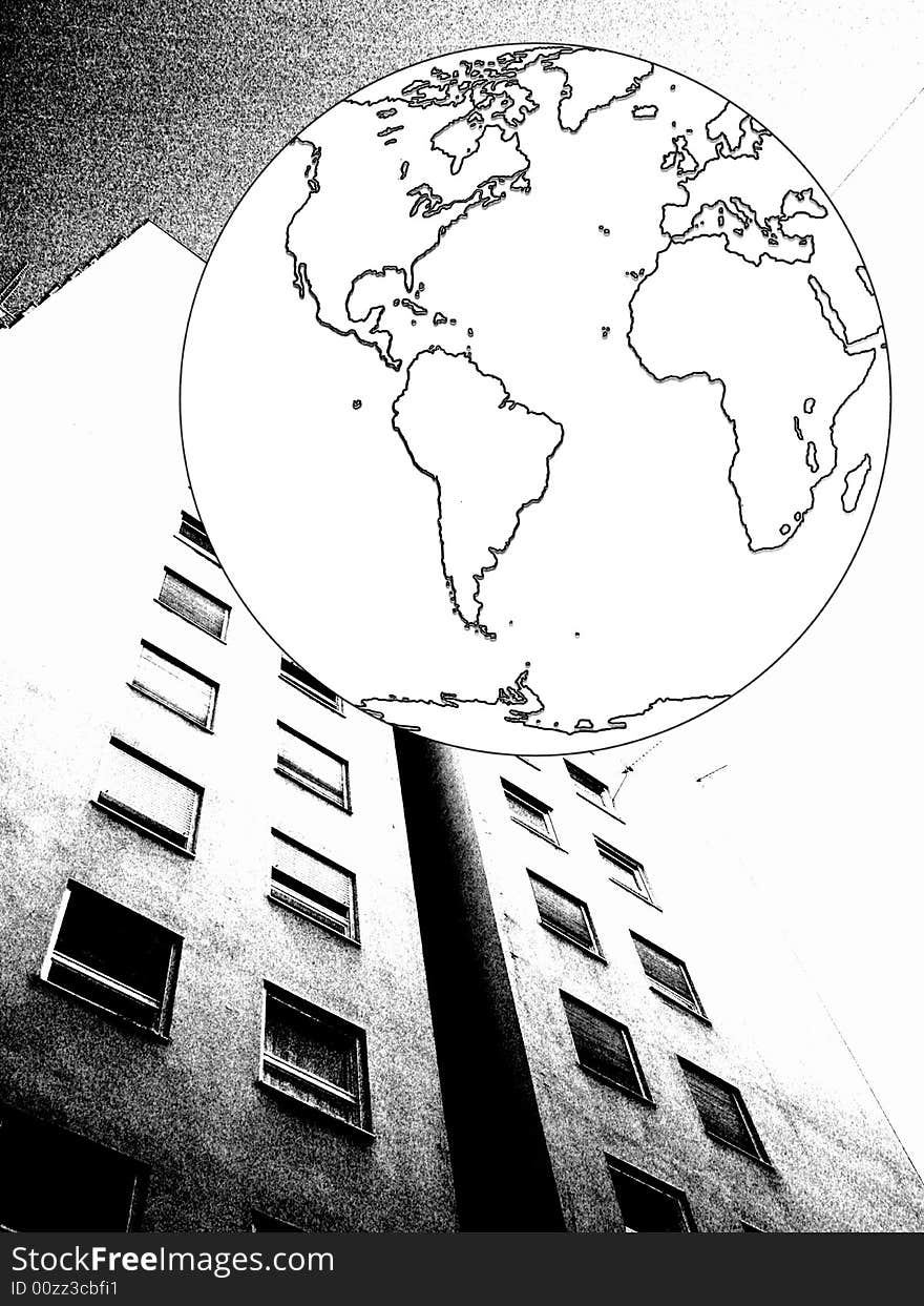 Image of globe and building.