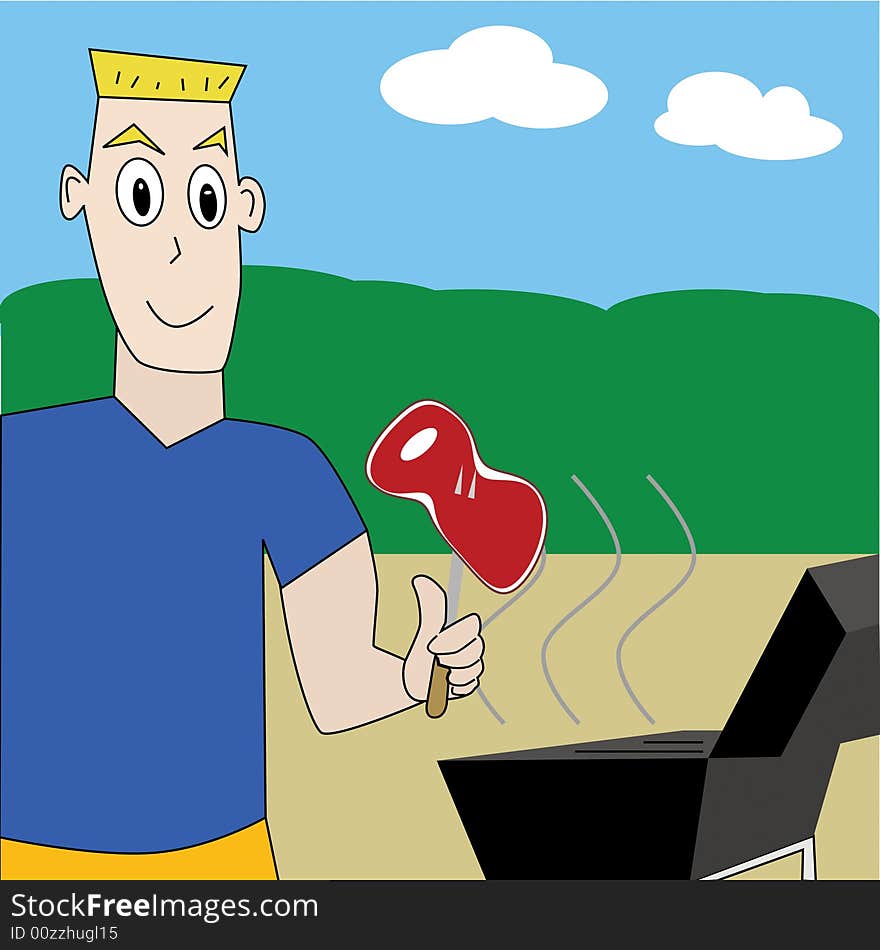 Vector illustration of a man ready to cook a steak on the barbecue grill