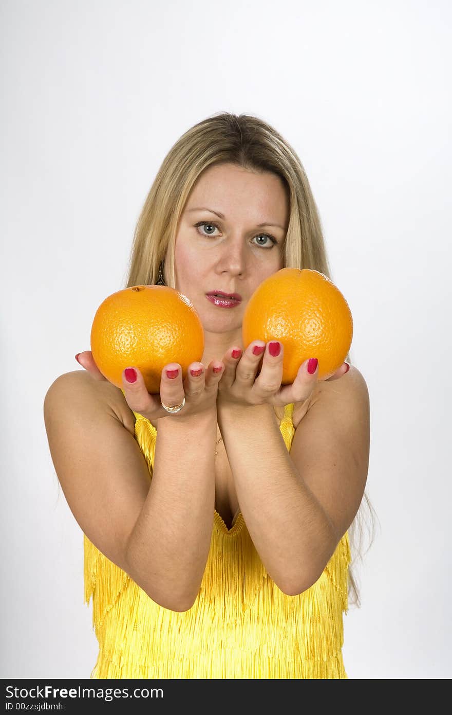 Blonde woman in yellow dress with two oranges in her hands