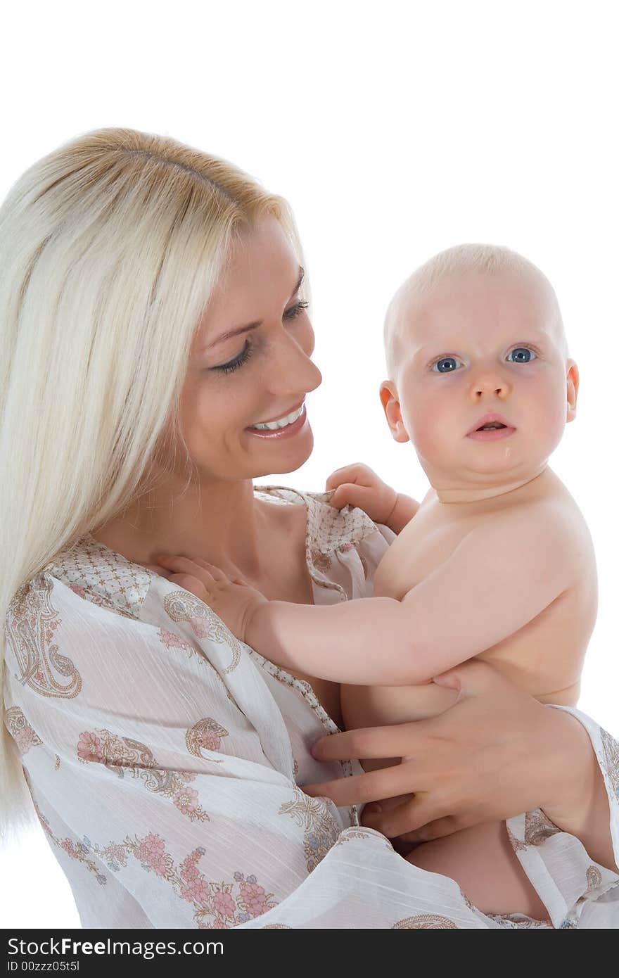 Happy mother with baby over white