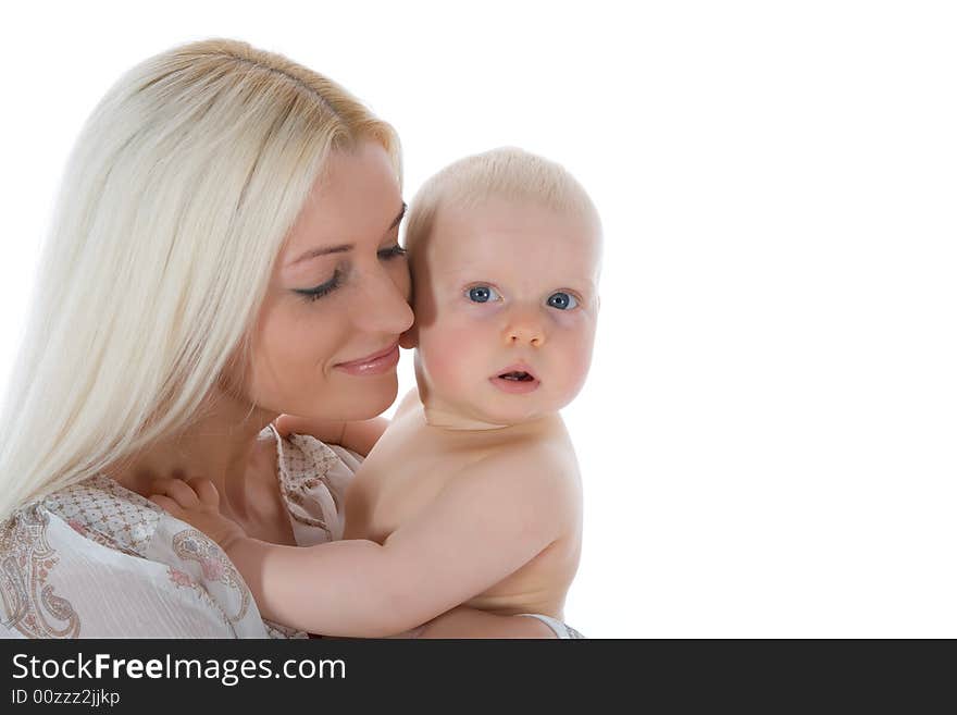 Happy mother with baby over white