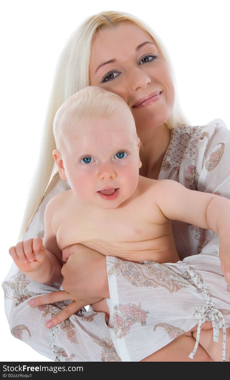 Happy mother with baby over white