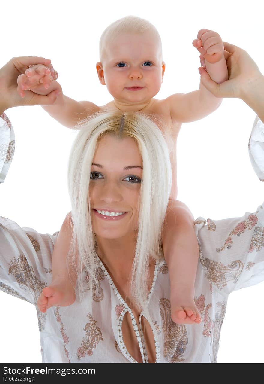 Happy mother with baby over white