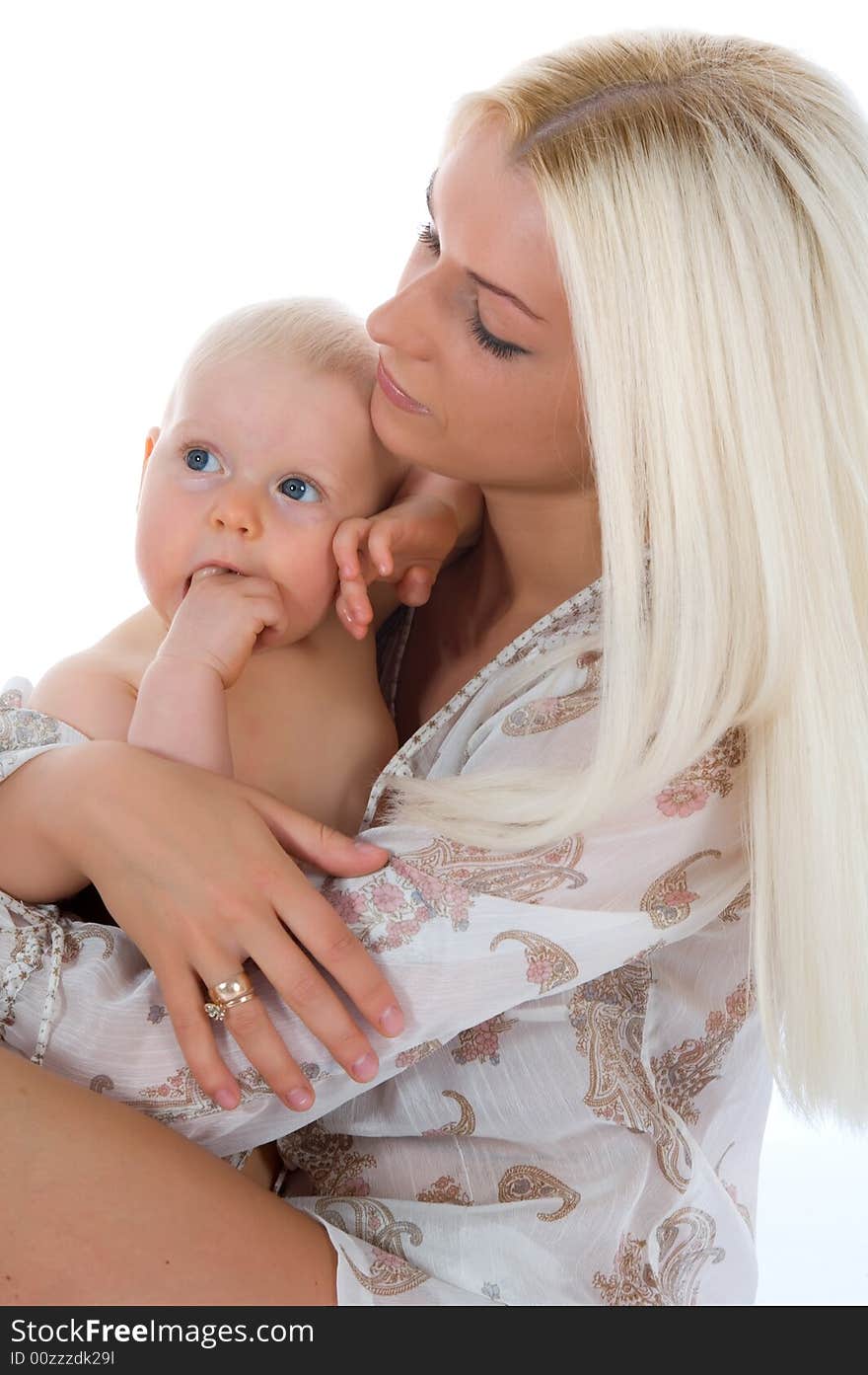 Happy mother with baby over white