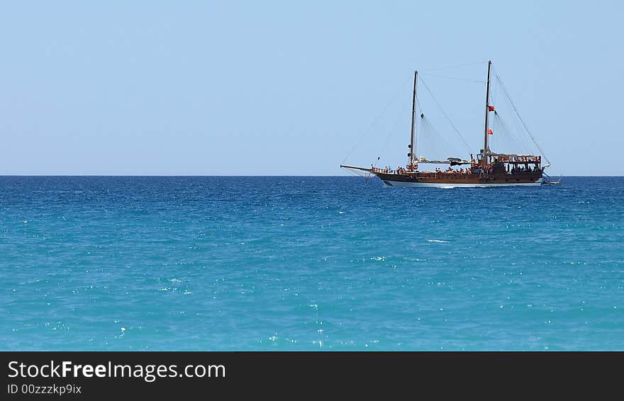 Cruise yacht in the Mediterranean Sea. Panoramic photo.