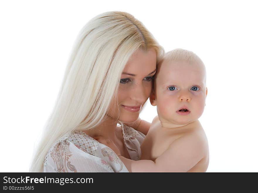 Happy mother with baby over white