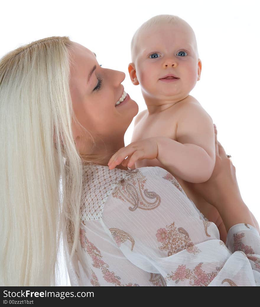 Happy mother with baby over white