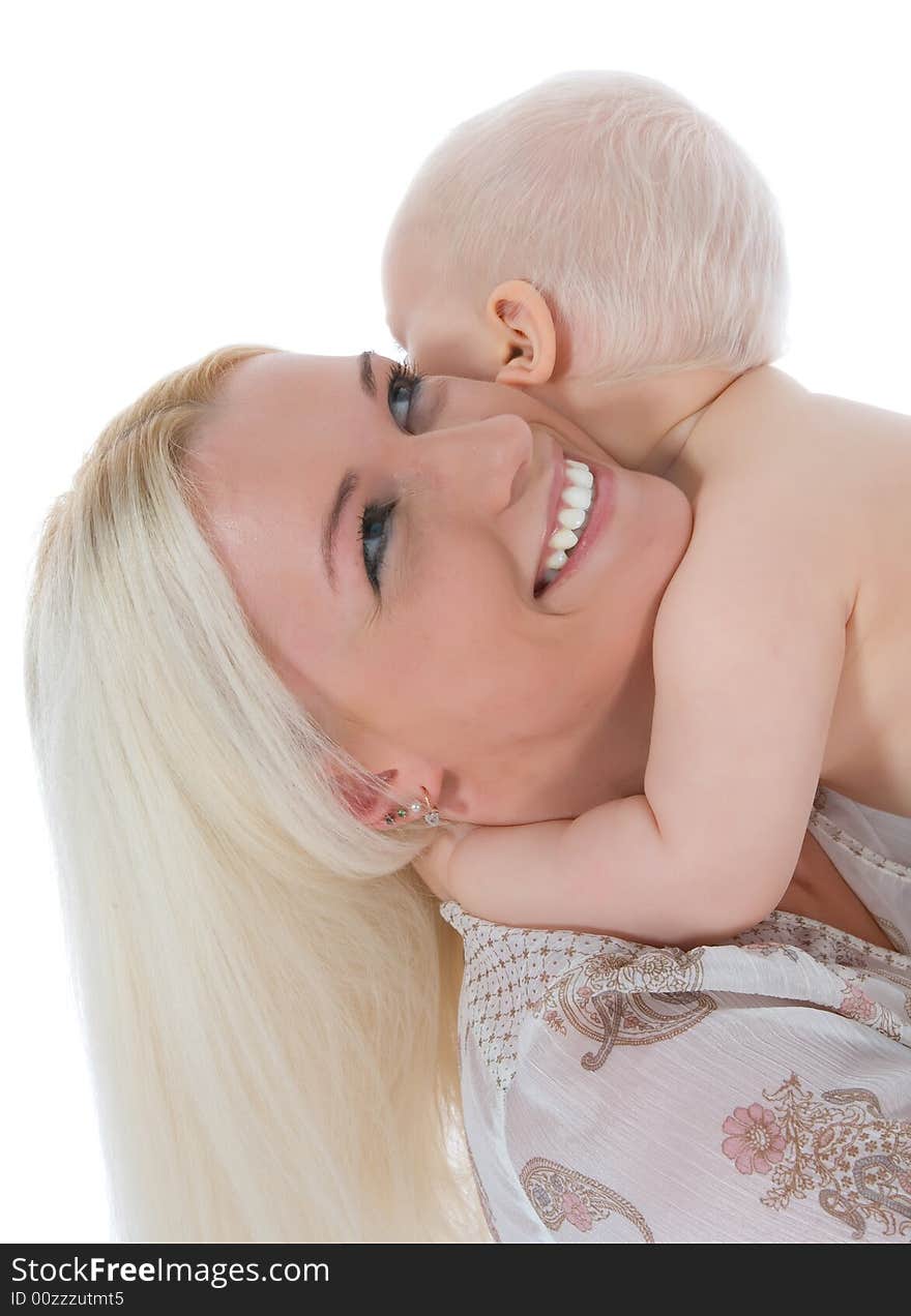 Happy mother with baby over white