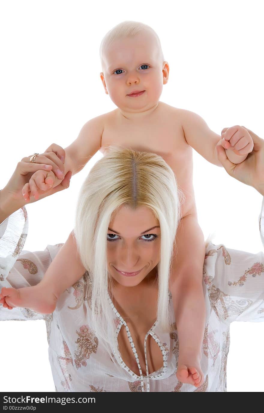 Happy mother with baby over white