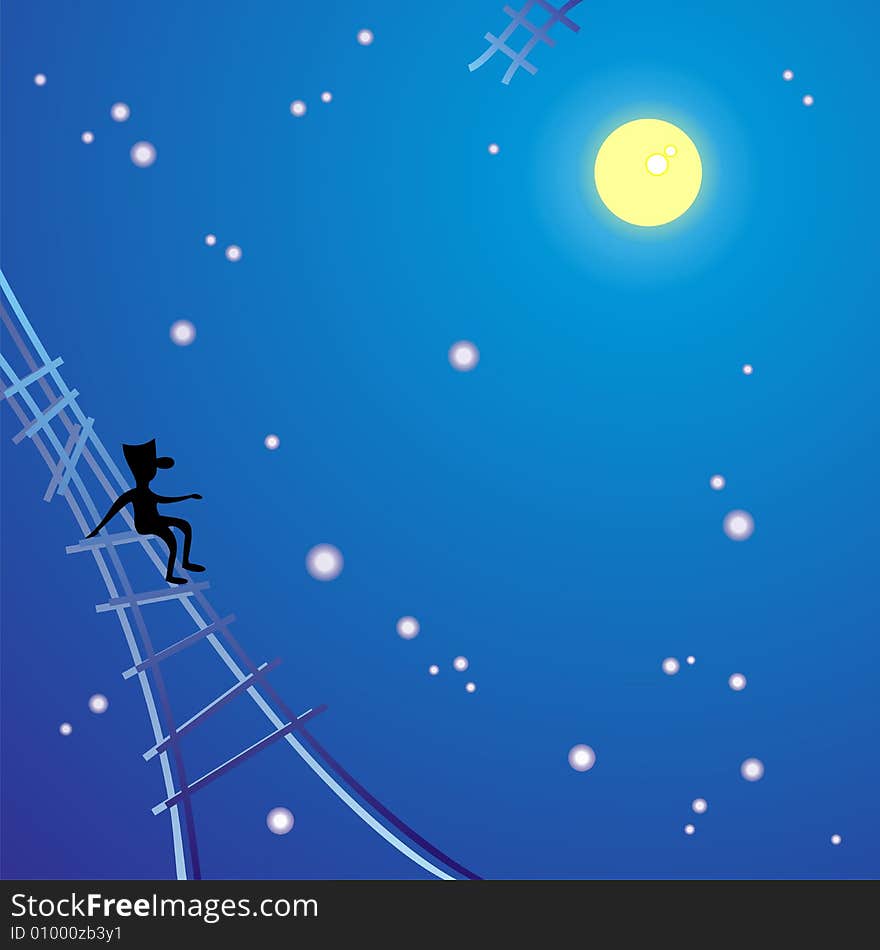 Cartoon romantic person sitting on stairway in full moon in the night. Cartoon romantic person sitting on stairway in full moon in the night