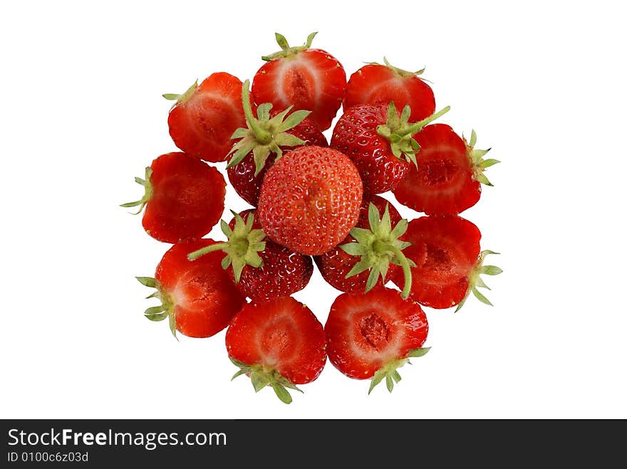 Ripe strawberries arranged in a circle isolated on white background. Ripe strawberries arranged in a circle isolated on white background