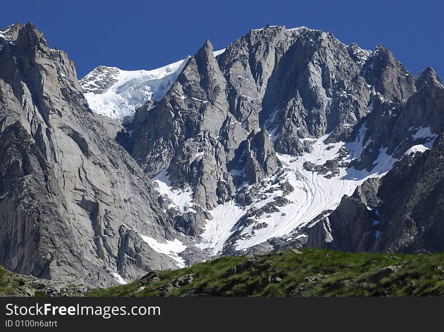 A beautiful view of mont blanc mountains with Grandes Jorasse glacier