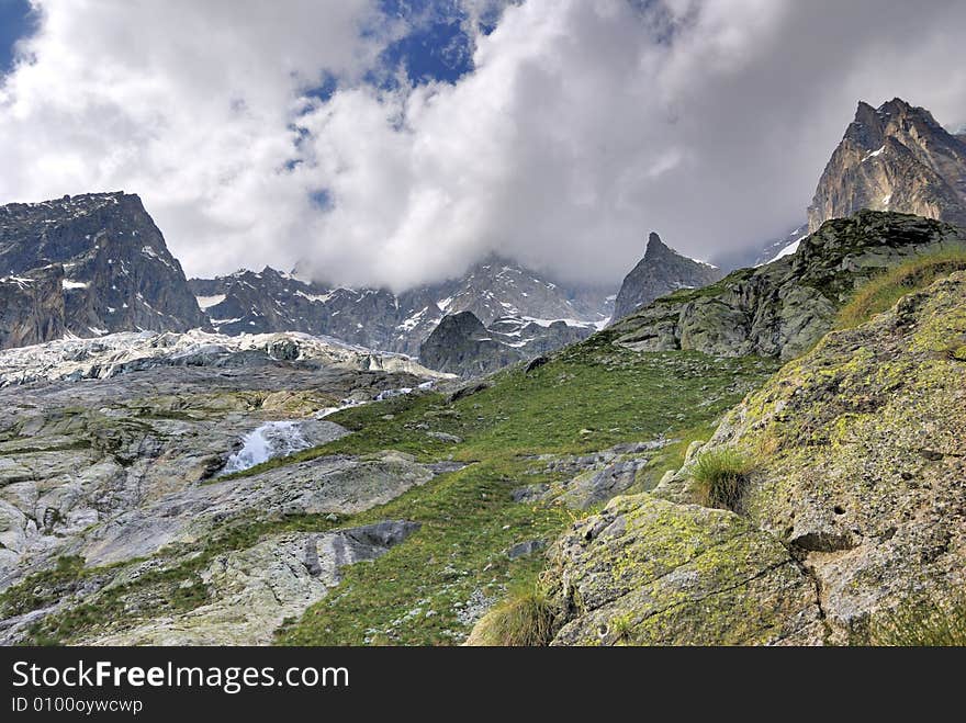 A beautiful view of mont blanc mountains and glaciers getting boccalatte refuge