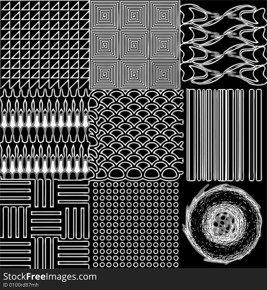 A swatch of 9 different bold optical illustrations. Fully scalable vector illustration. A swatch of 9 different bold optical illustrations. Fully scalable vector illustration.