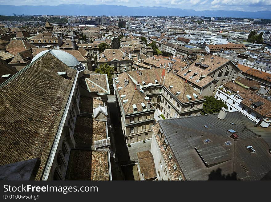 Wide angle aerial view of Geneva's rooftops, Switzerland. Wide angle aerial view of Geneva's rooftops, Switzerland.