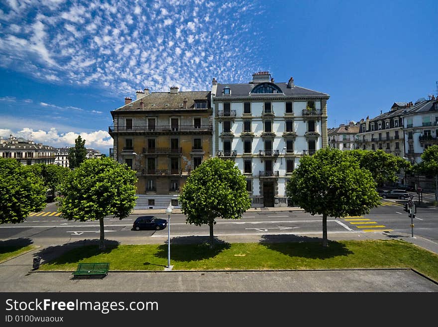 Wide angle image of typical architecture from Geneva, Switzerland. Wide angle image of typical architecture from Geneva, Switzerland.