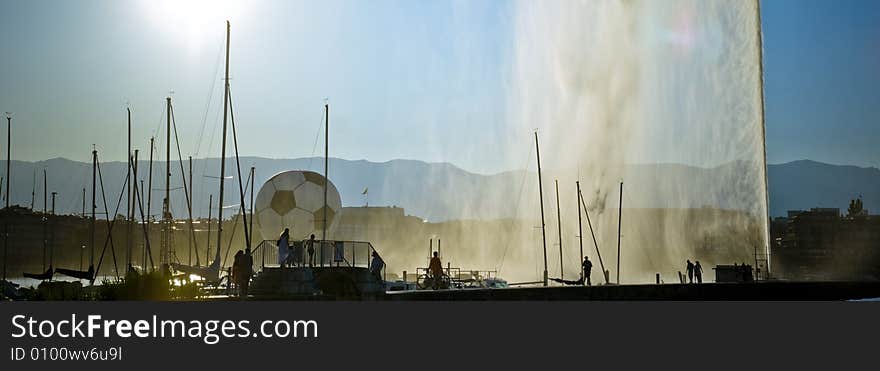 Panoramic view of Geneva's Jet d'Eau, Switzerland. Panoramic view of Geneva's Jet d'Eau, Switzerland.