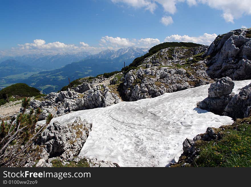 Rocks and snow at the peak of Untersberg .