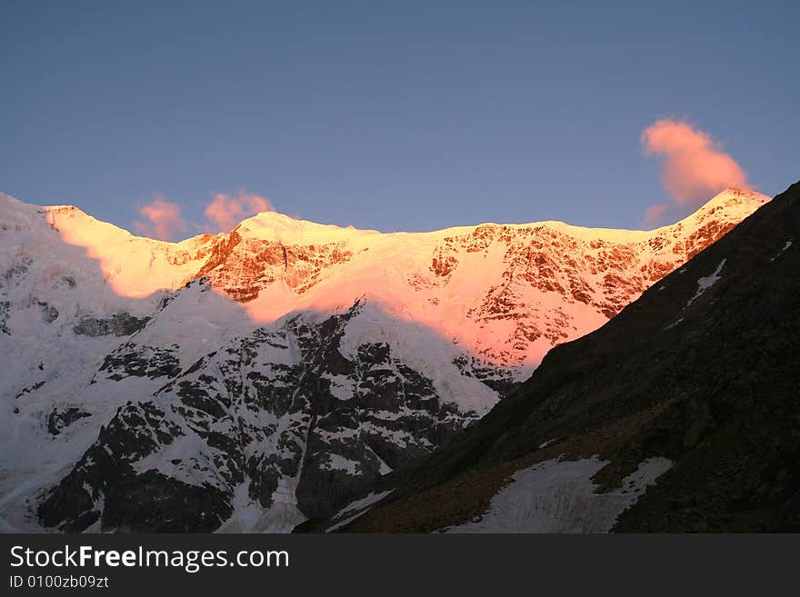 Sunset in mountain,  Caucasus mountain, snow top, bezengi