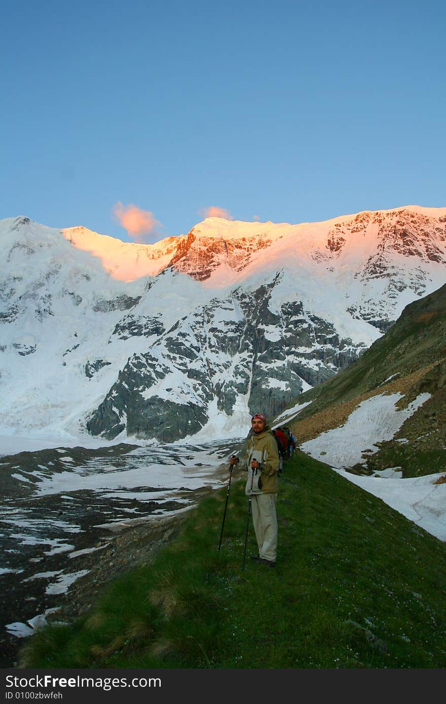 Sunset in mountain,  Caucasus mountain, snow top, bezengi