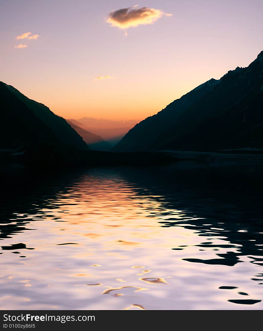 Sunset in mountain,  Caucasus mountain, snow top, bezengi