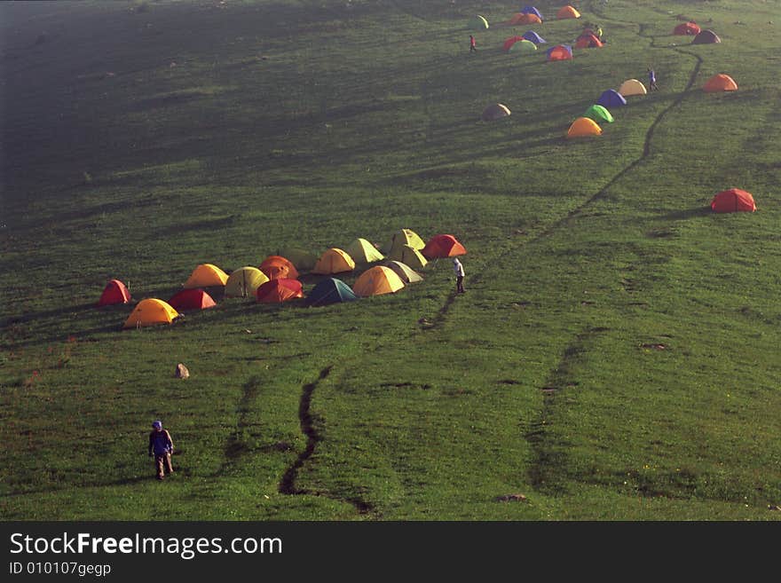 Base camp on the mountain, colorful tents