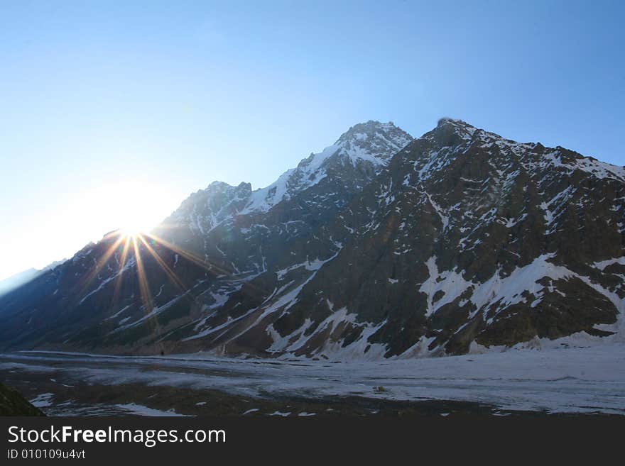 Sunset in mountain,  Caucasus mountain, snow top, bezengi