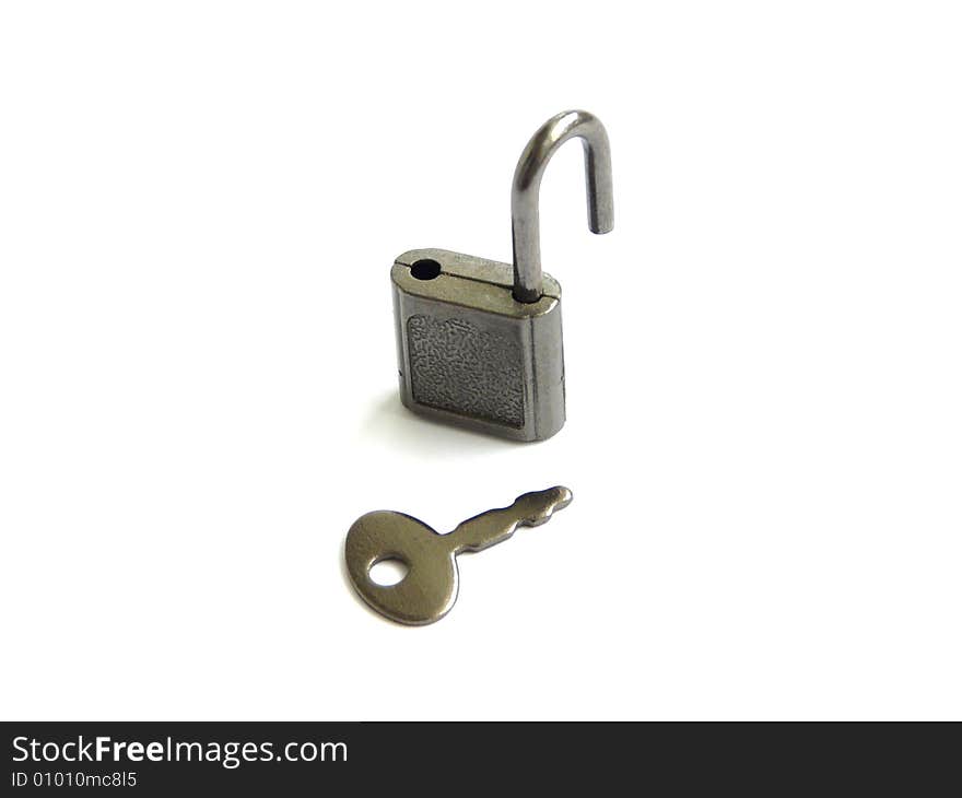 Open lock with key isolated on the white background