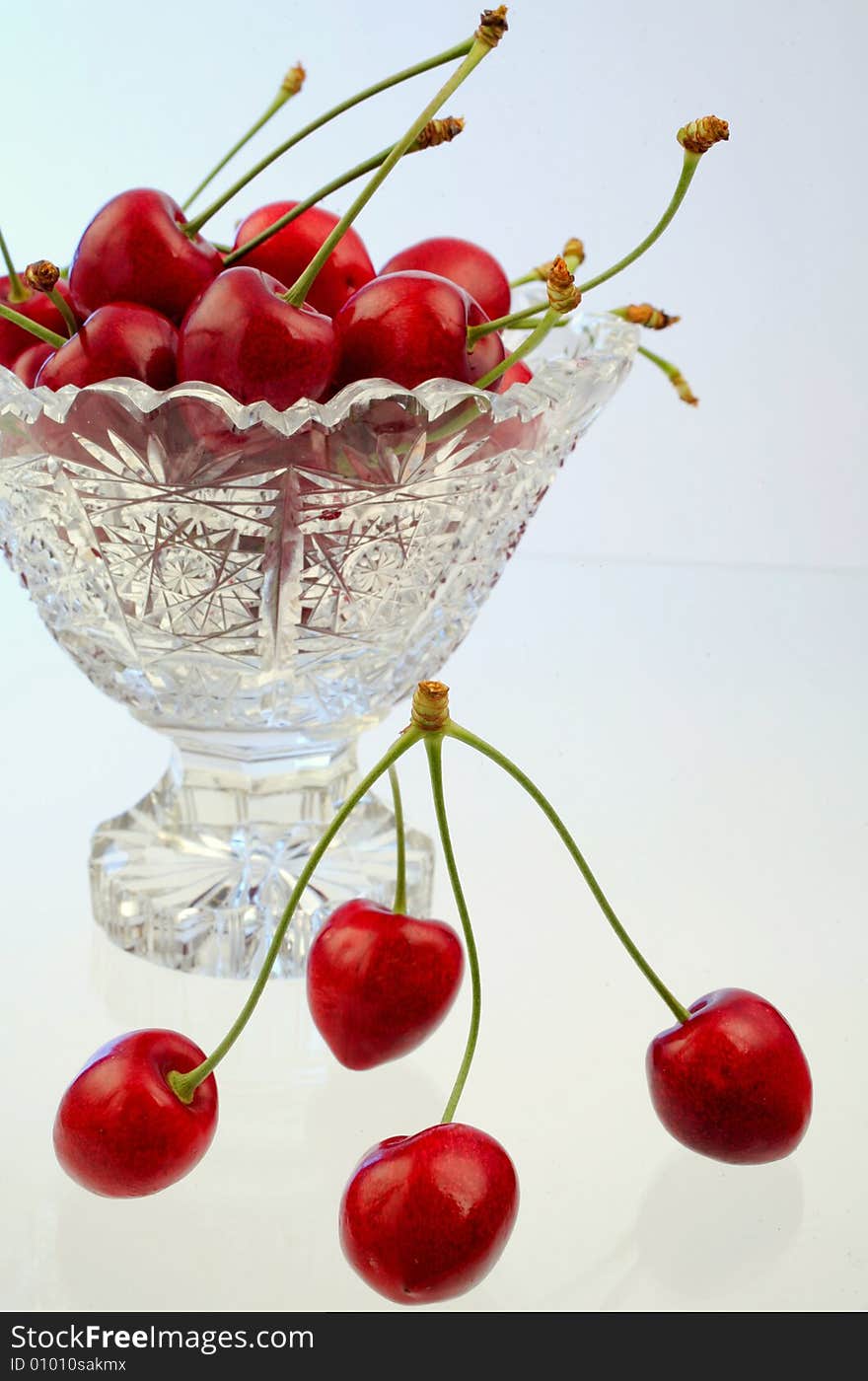 Ripe cherries in a bowl on white background. Ripe cherries in a bowl on white background