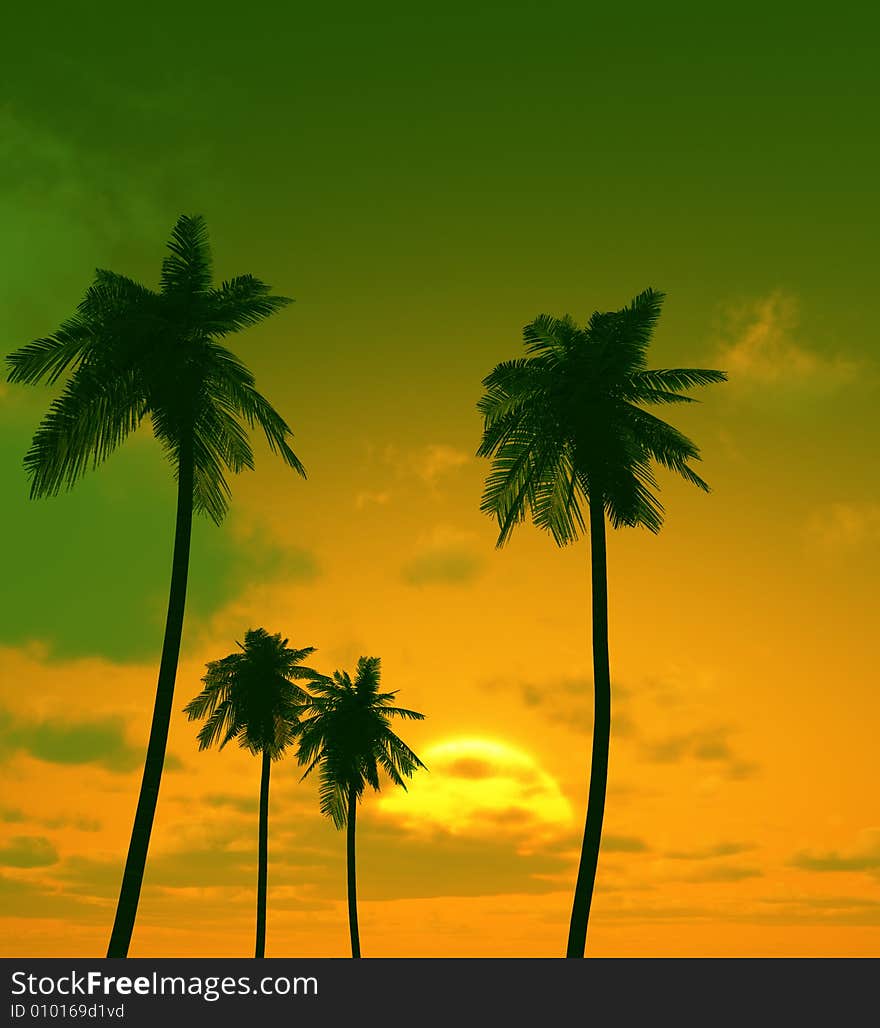 Beautiful sunset and palms. 3d image