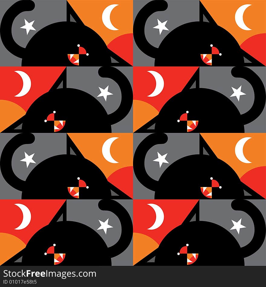 Pattern of a black cat with moon and stars to build a halloween texture. Pattern of a black cat with moon and stars to build a halloween texture