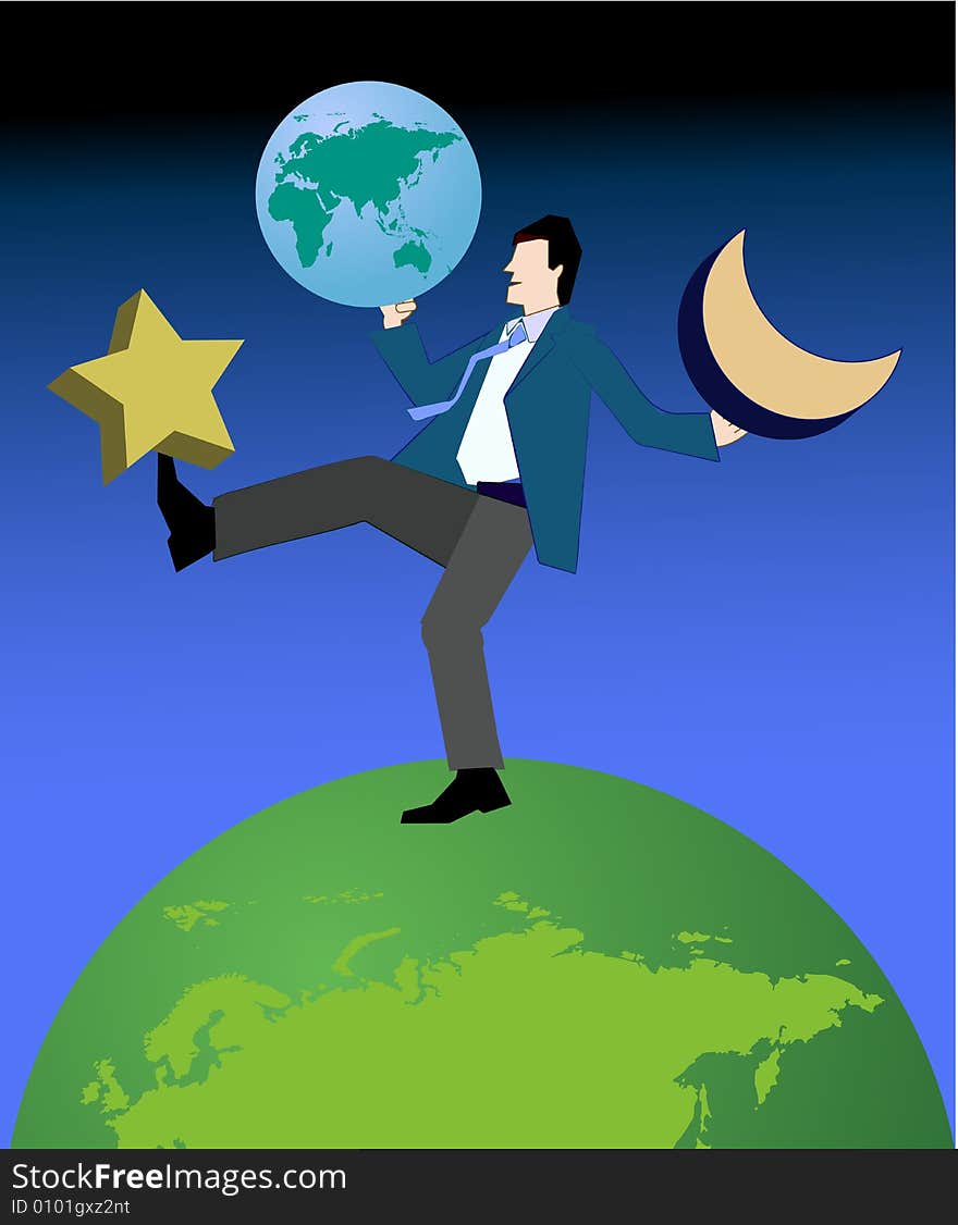 A corporate man standing with a big head of the world , balancing stars and planets standing over a planet. A corporate man standing with a big head of the world , balancing stars and planets standing over a planet