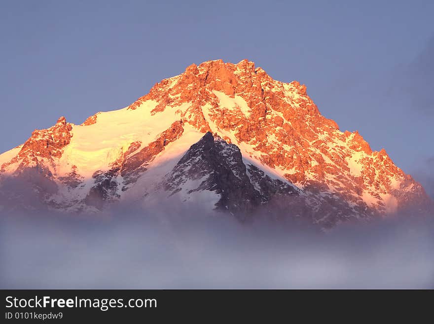 Sunset in mountain,  Caucasus mountain, snow top, bezengi