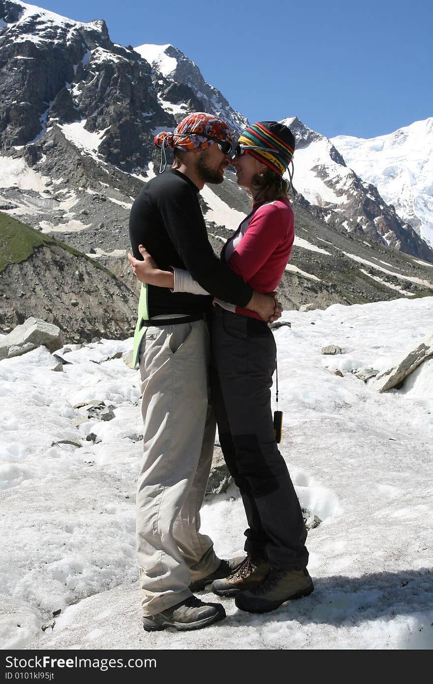 Hikers in mountains, Caucasus mountain, snow top, bezengi. Hikers in mountains, Caucasus mountain, snow top, bezengi