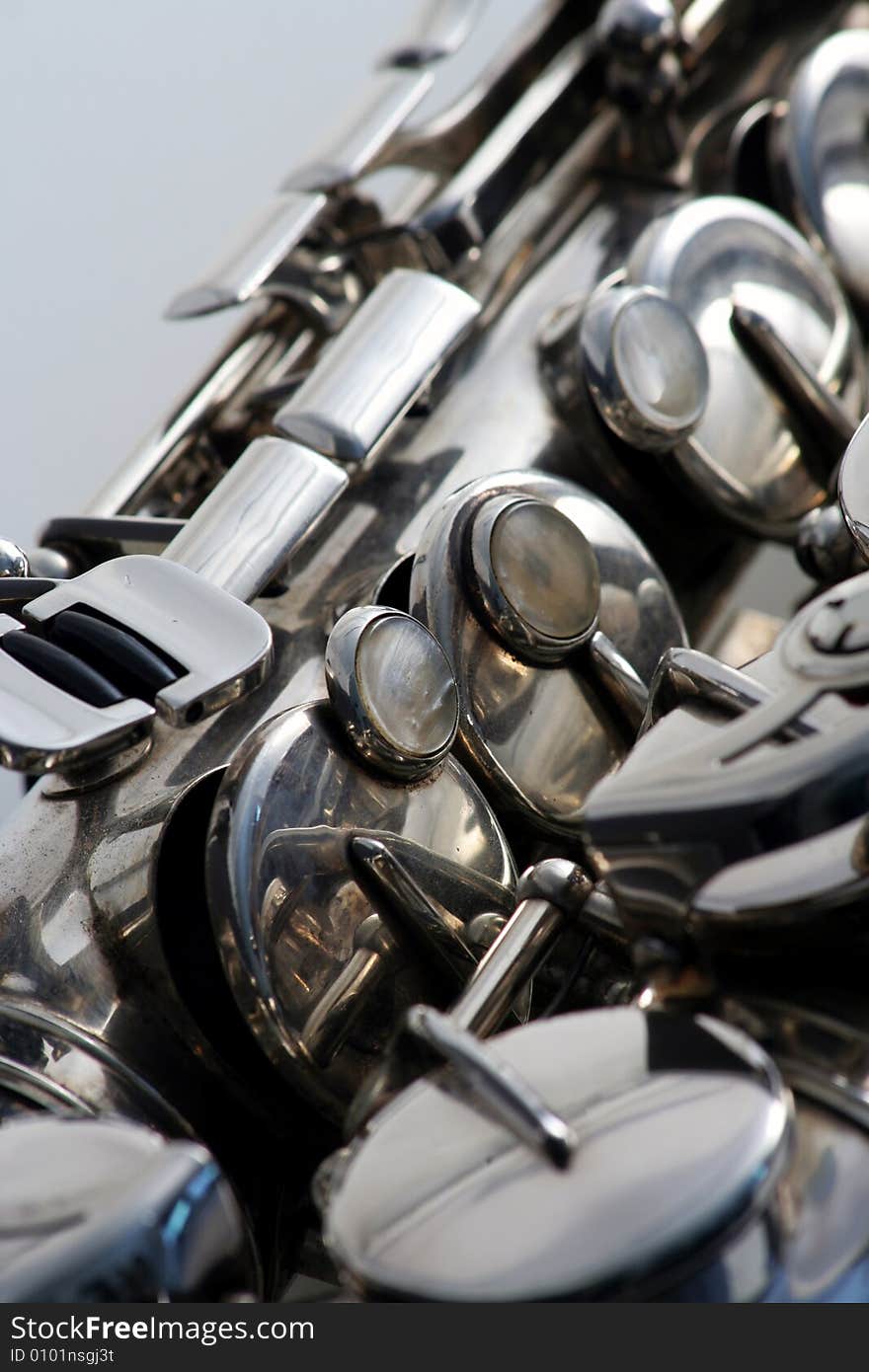 Closeup photography of saxophone in studio