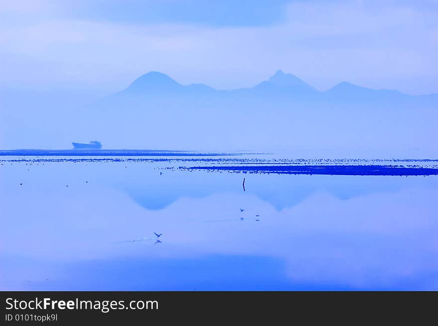 A ship ship over fog sea in moring. A ship ship over fog sea in moring