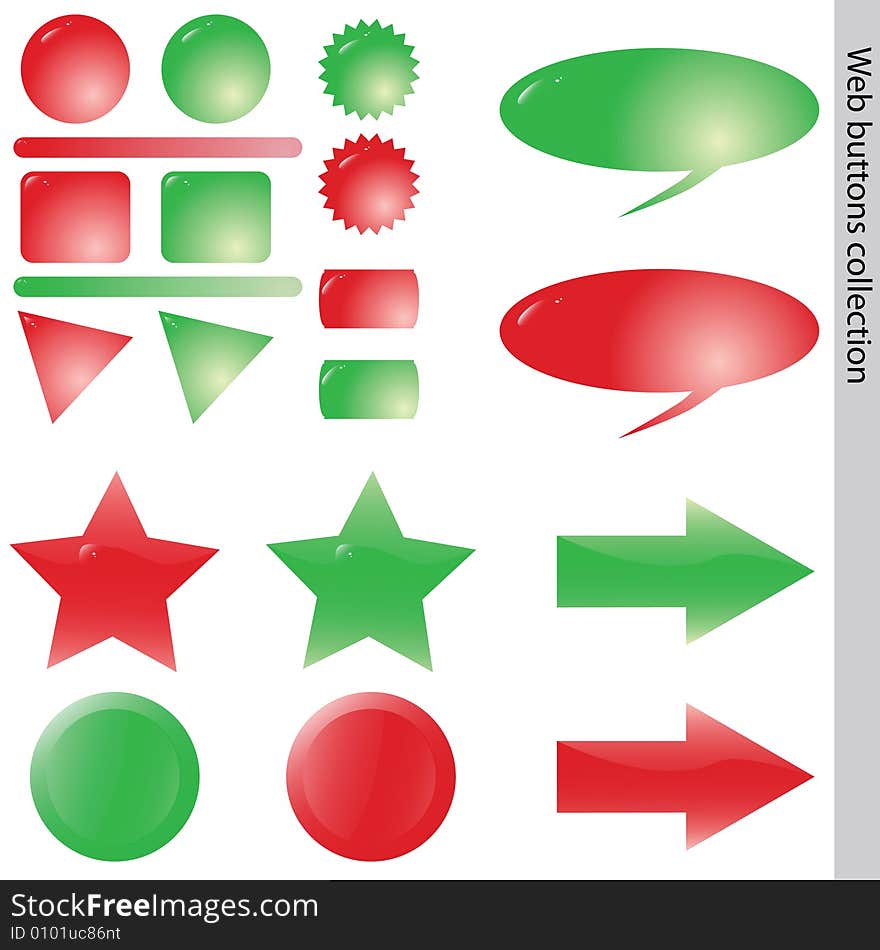 A collection of differently shaped green and red web buttons. A collection of differently shaped green and red web buttons