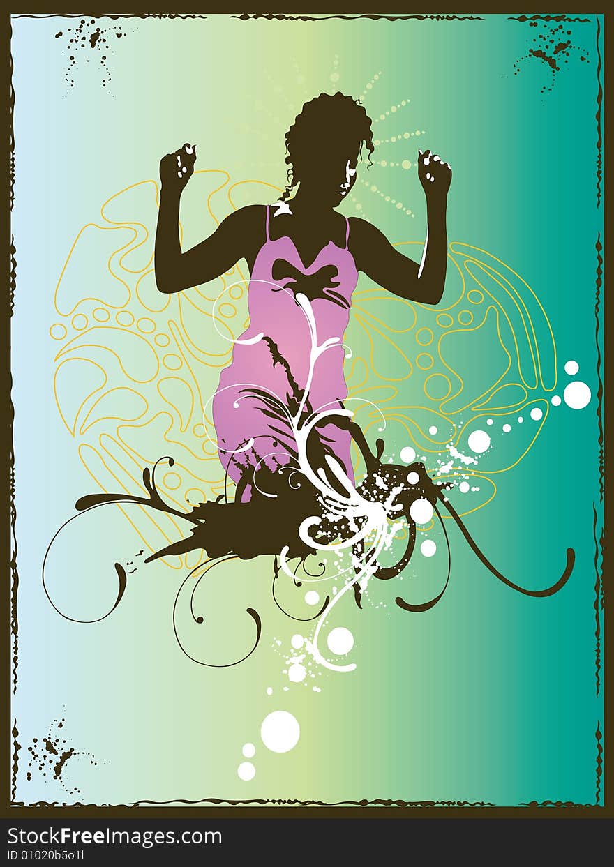 Illustration of a dancing woman and decorative patterns