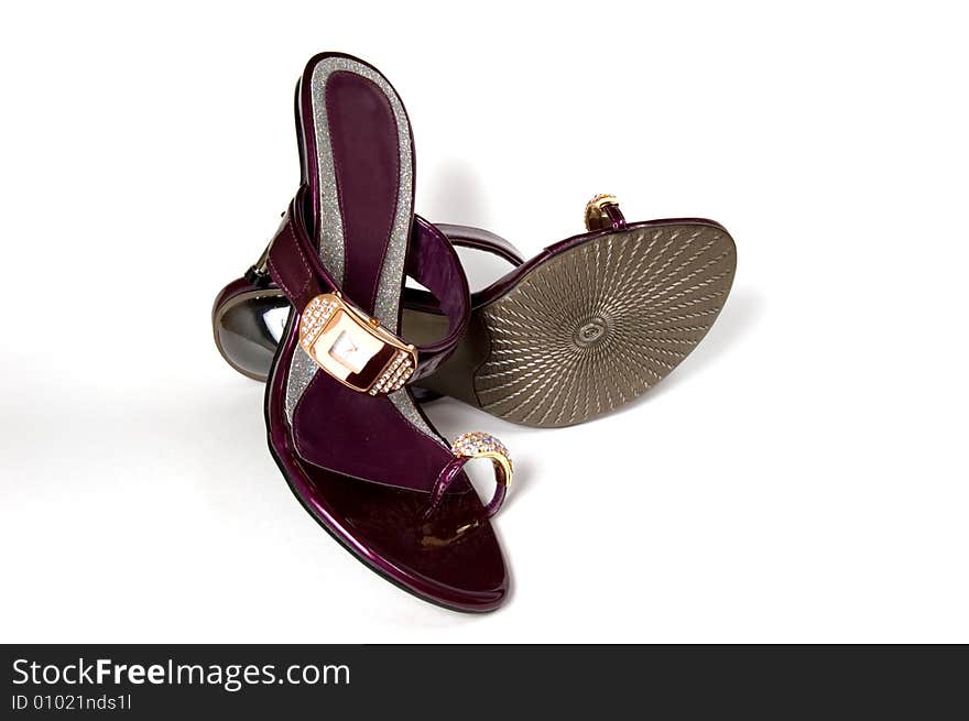 Pair of Violet Shoes with watch isolaten on white