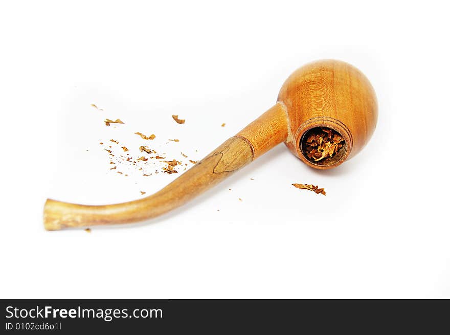 Single isolated tobacco pipe with tobacco on white background