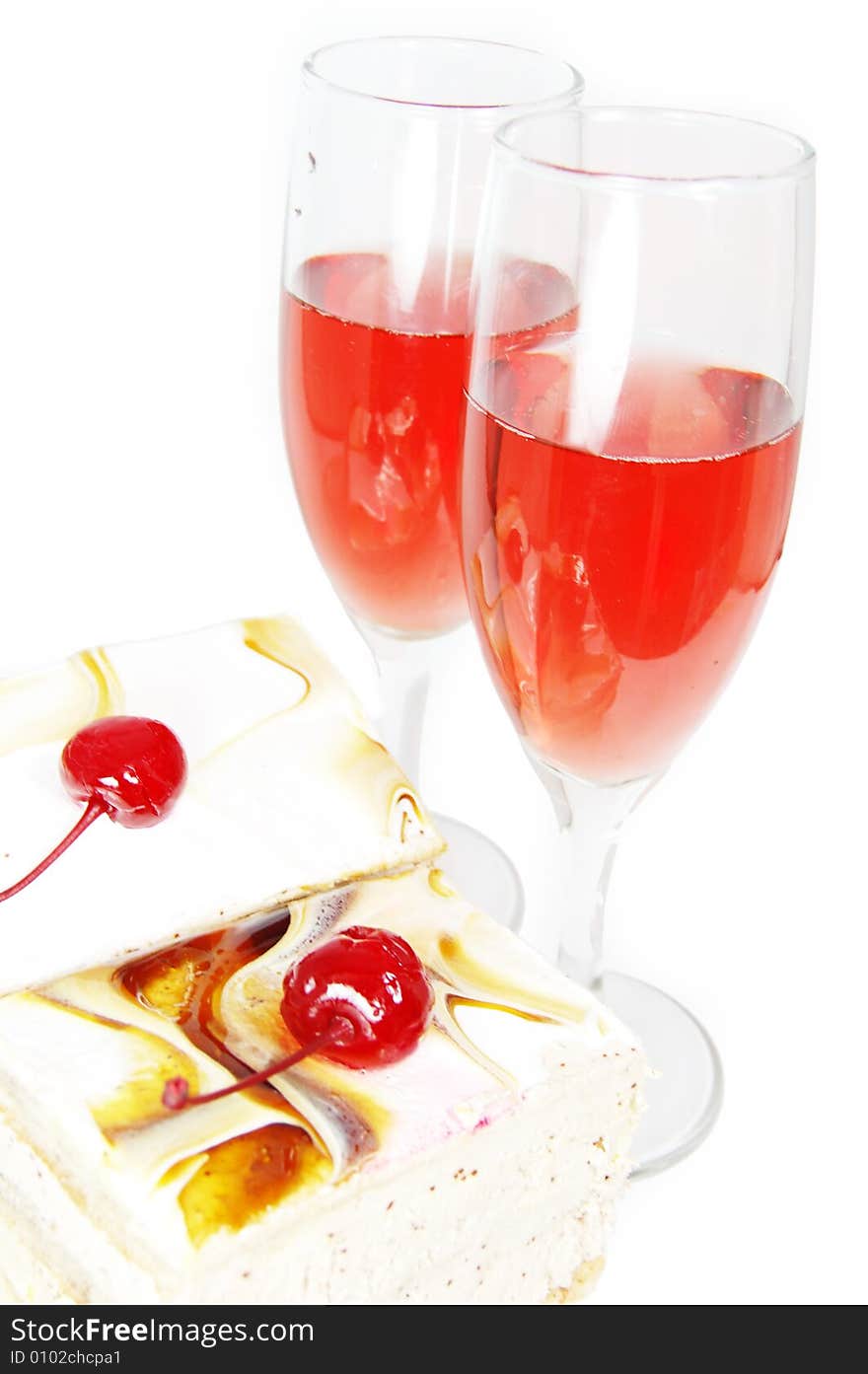 Red wine and cake with cherry in white. Red wine and cake with cherry in white