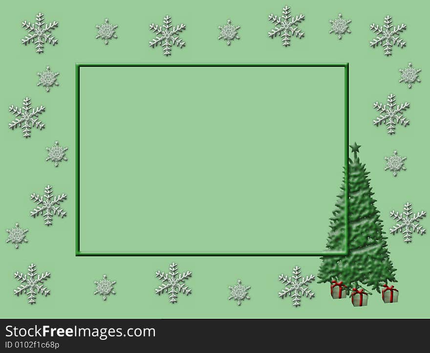 Green Christmas border with a tree and snow flakes